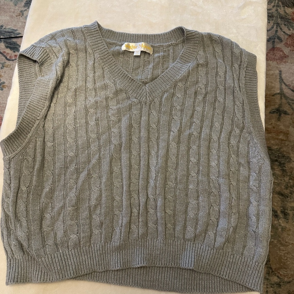 Gray Cable Knit V-Neck Sweater